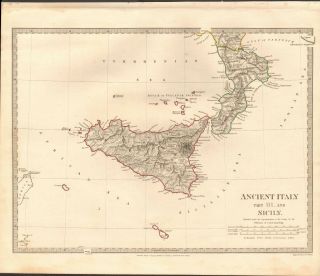 1830 Antique Map - Sduk - Ancient Italy Iii,  South And Sicily,  Malta
