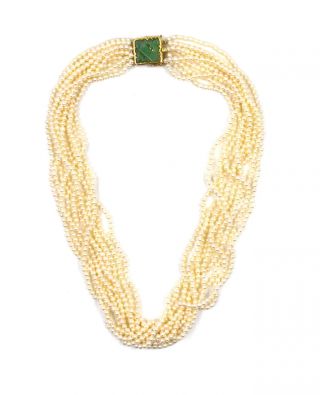 Vintage Carved Jade 10 Strand Pearl Necklace 14k Yellow Gold Signed Tse Sui Luen