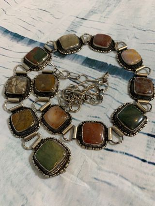 Vintage Native American Sterling & Silver Tone Jasper & Agate Concho Link Belt