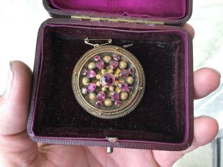 Rare Antique Victorian 15ct Gold Garnet Target Brooch & Boxed 15.  4g