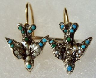 Antique 10kt And Silver Topped Victorian Seed Pearl And Turquoise Bird Earrings