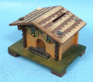 Vintage Swiss Wood Carving Coin Bank Box Chalet Farm House Desk Item Brienz