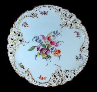 Rare Antique Hand Painted Flowers Nymphenburg Dresden Reticulated Cabinet Plate
