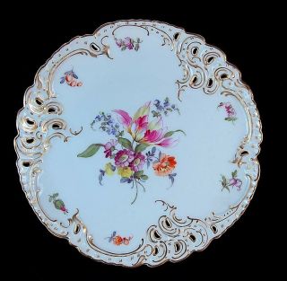 RARE ANTIQUE HAND PAINTED FLOWERS NYMPHENBURG DRESDEN RETICULATED CABINET PLATE 2