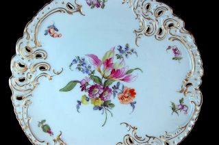 RARE ANTIQUE HAND PAINTED FLOWERS NYMPHENBURG DRESDEN RETICULATED CABINET PLATE 4