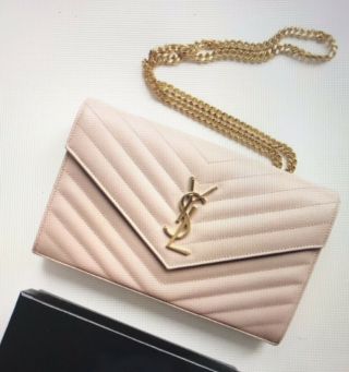 Yves Saint Laurent Antique Rose/gold Leather Pink V - Flap Chain Wallet Monogram