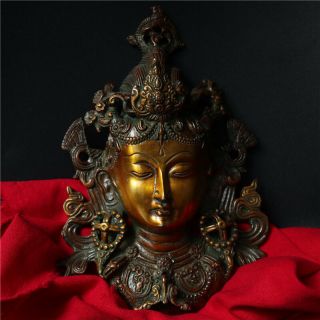 Old Tibet Collect Buddhism Purple Bronze Green Tara Buddha Head Mask Statue