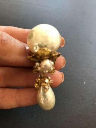 Sign Miriam Haskell Leaf Baroque Huge Pearls Rhinestone Earrings Jewelry 10