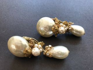 Sign Miriam Haskell Leaf Baroque Huge Pearls Rhinestone Earrings Jewelry