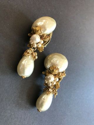 Sign Miriam Haskell Leaf Baroque Huge Pearls Rhinestone Earrings Jewelry 2