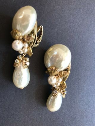 Sign Miriam Haskell Leaf Baroque Huge Pearls Rhinestone Earrings Jewelry 4