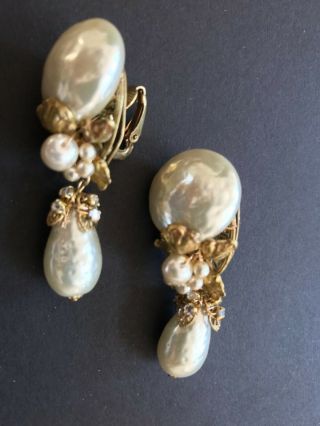Sign Miriam Haskell Leaf Baroque Huge Pearls Rhinestone Earrings Jewelry 5