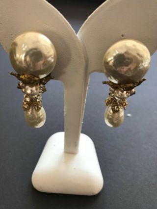 Sign Miriam Haskell Leaf Baroque Huge Pearls Rhinestone Earrings Jewelry 6
