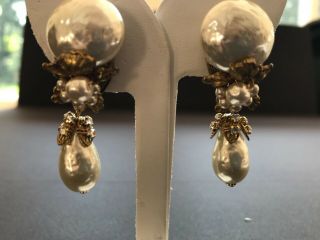 Sign Miriam Haskell Leaf Baroque Huge Pearls Rhinestone Earrings Jewelry 9
