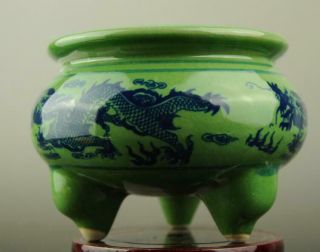 China Old Hand - Made Green Glaze Porcelain Dragon Pattern Three Foot Censer C01