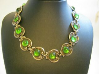Margot De Taxco Vintage Mexican Silver & Emerald Green Art Glass Necklace