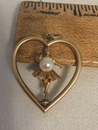 Unique 14k Gold Vintage Heart Charm - W/ Ballerina & Pearl - Dancer Swivels