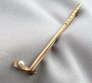 Antique Brooch Sloan & Co Ny 14k Yellow Gold Golf Club Pearl Ball Pin 1900s