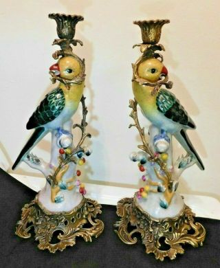 Vintage Pair 14 " Porcelain Cast Bronze Or Brass Parrot Bird Candlestick Holders