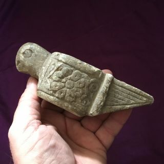 Ancient Sasanian Stone Carved Oil Lamp,  Animal Depictions,  Humanoid Figure,  Rare