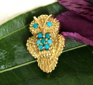 Tiffany 18k Yellow Gold & Turquoise Owl Pin,  Vintage Brooch,  Pouch