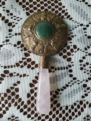 Vintage Chinese Engraved Brass Bats Hand Mirror Jade Stone,  Handle