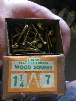 Vintage Box Of Brass 1 1/4” Flat Head Screws