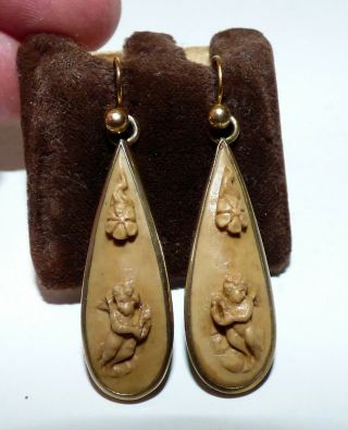 Antique Victorian Lava Cameo Drop Earrings Cherub Putti Gold Wires Long Drops