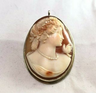 Vintage 14k Yellow Gold Oval Pink Cameo Large Pin Brooch Pendant