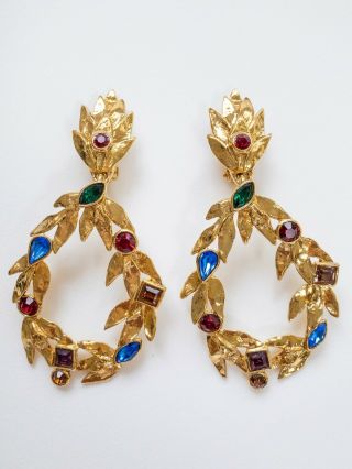 Authentic Ysl Yves Saint Laurent Gold Leaves Earrings Rhinestones Vintage