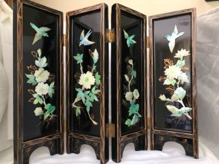 Antique Vintage Chinese Lacquered Wood Mother Of Pearl Screen 4 Panels