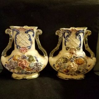 Antique 19th Century Small French Barbotine Majolica Flower Vases