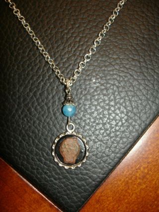 Ancient Biblical Widows Mite Necklace Pendant W Azure Blue Gemstone