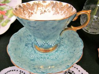 Royal Albert Tea Cup And Saucer Lyric Shape Teacup Marble Teal Blue Half Shell