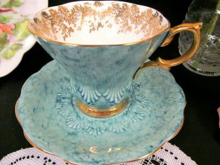 ROYAL ALBERT tea cup and saucer Lyric shape teacup MARBLE teal blue half shell 3