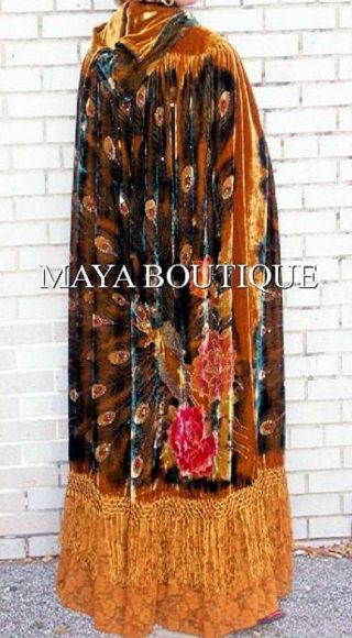 Opera Cape Cloak Beaded Velvet Lace Peacock Victorian Antique Gold Maya Matazaro