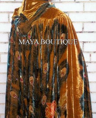 Opera Cape Cloak Beaded Velvet Lace Peacock Victorian Antique Gold Maya Matazaro 4