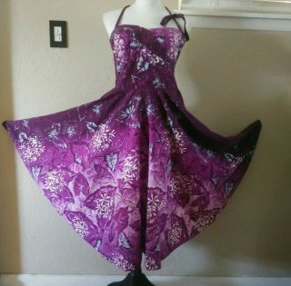 Vintage 1950s Halter Top Purple Hawaiian Swing Dress Full Skirt L Xl Lerner Shop
