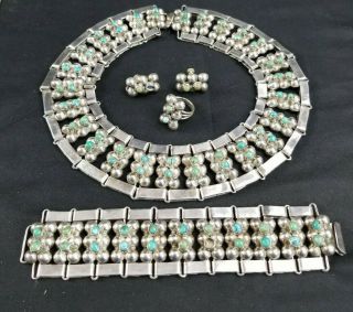 Taxco 980 Mexico Silver Turquoise Necklace Bracelet Earrings Ring Set Sterling