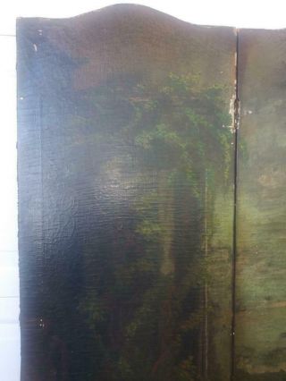 Antique Old Oil Painting Painted Three Panel Folding Screen Landscape Tree Birds 12