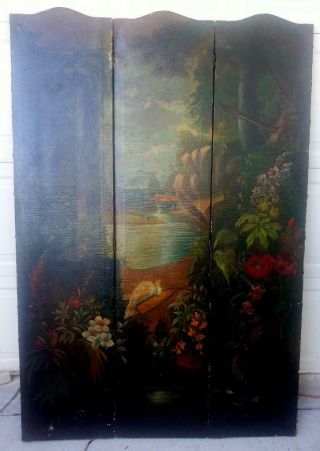 Antique Old Oil Painting Painted Three Panel Folding Screen Landscape Tree Birds