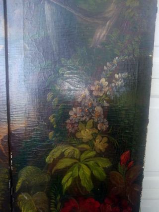 Antique Old Oil Painting Painted Three Panel Folding Screen Landscape Tree Birds 2