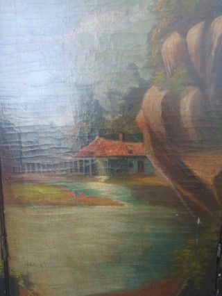 Antique Old Oil Painting Painted Three Panel Folding Screen Landscape Tree Birds 4