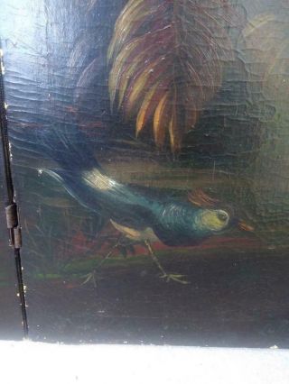 Antique Old Oil Painting Painted Three Panel Folding Screen Landscape Tree Birds 7