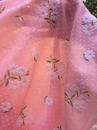 4,  Yds Vintage Peachy Pink Sheer Flocked White Daises & Polka Dots Fabric