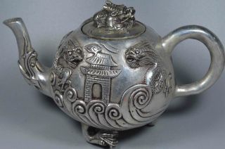 Collectable Auspicious Handwork Tibet Miao Silver Myth Dragon Four Paws Tea pots 2