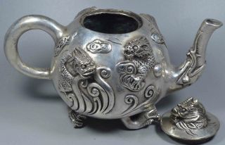 Collectable Auspicious Handwork Tibet Miao Silver Myth Dragon Four Paws Tea pots 4