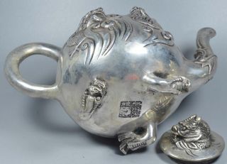 Collectable Auspicious Handwork Tibet Miao Silver Myth Dragon Four Paws Tea pots 5