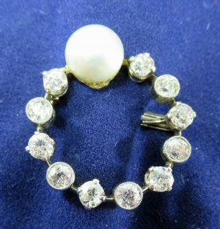 Antique 14k White Gold 1.  25 Ctw Diamonds 8 Mm White Pearl Round Pin Brooch