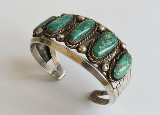 Green CERRILLOS TURQUOISE Vtg Navajo sterling silver cuff bracelet 60 ' era 2